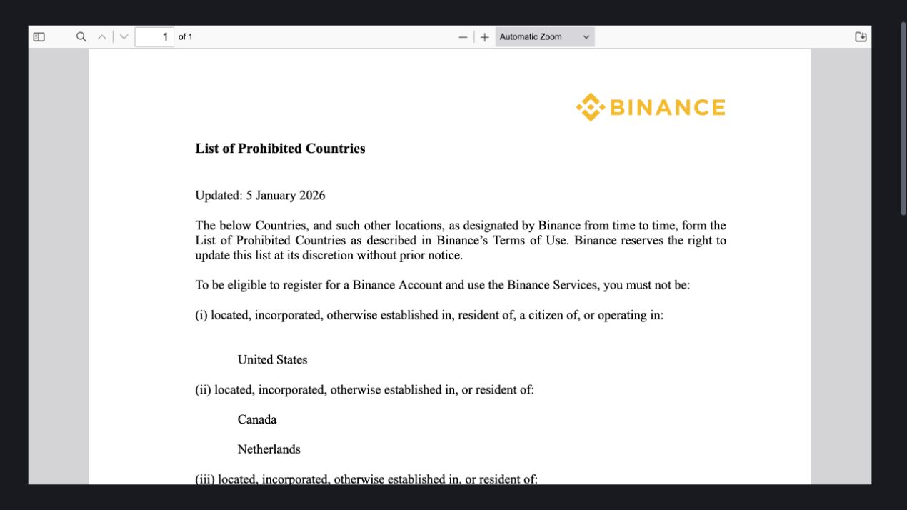 Binance禁止国家清单2026年1月版