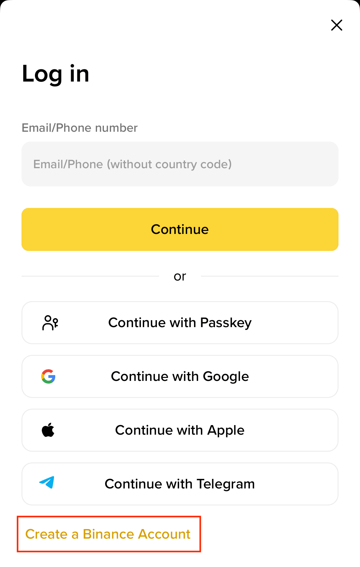 币安 iPhone 登录弹层底部的 Create a Binance Account 新账户入口