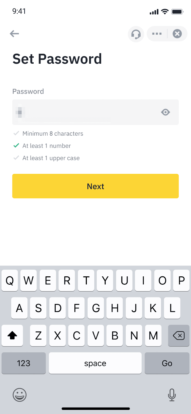 币安 iPhone Set Password 页面显示密码长度、数字和大写字母检查项