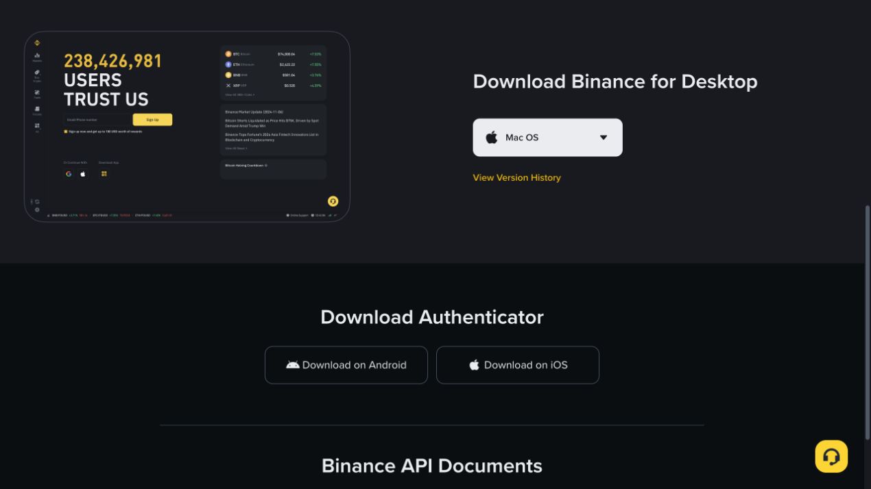 Binance 官方下载页列出桌面端和身份验证器下载选项