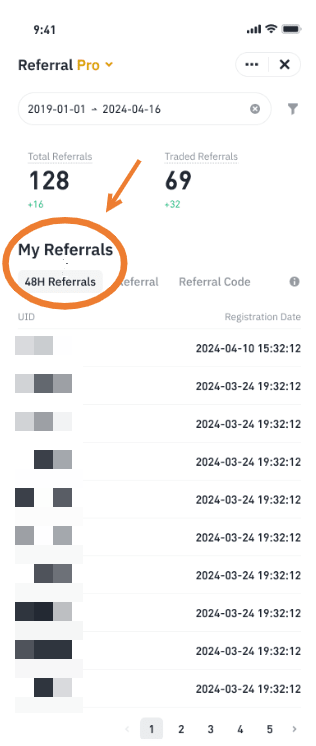 币安 Referral Pro 的 My Referrals 与 48H Referrals 页面