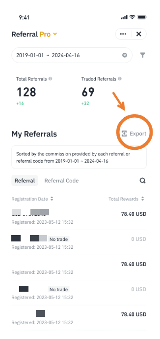 币安 Referral Pro 受邀记录与 Export 导出入口