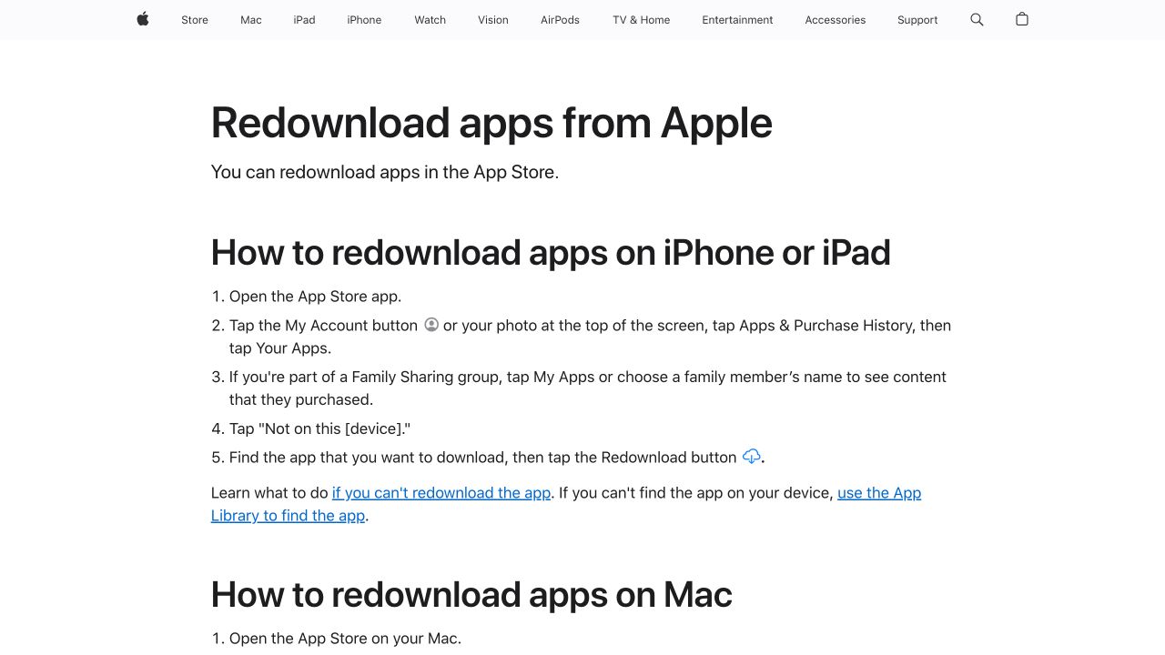 Apple 官方支持页中的 iPhone 应用重新下载说明