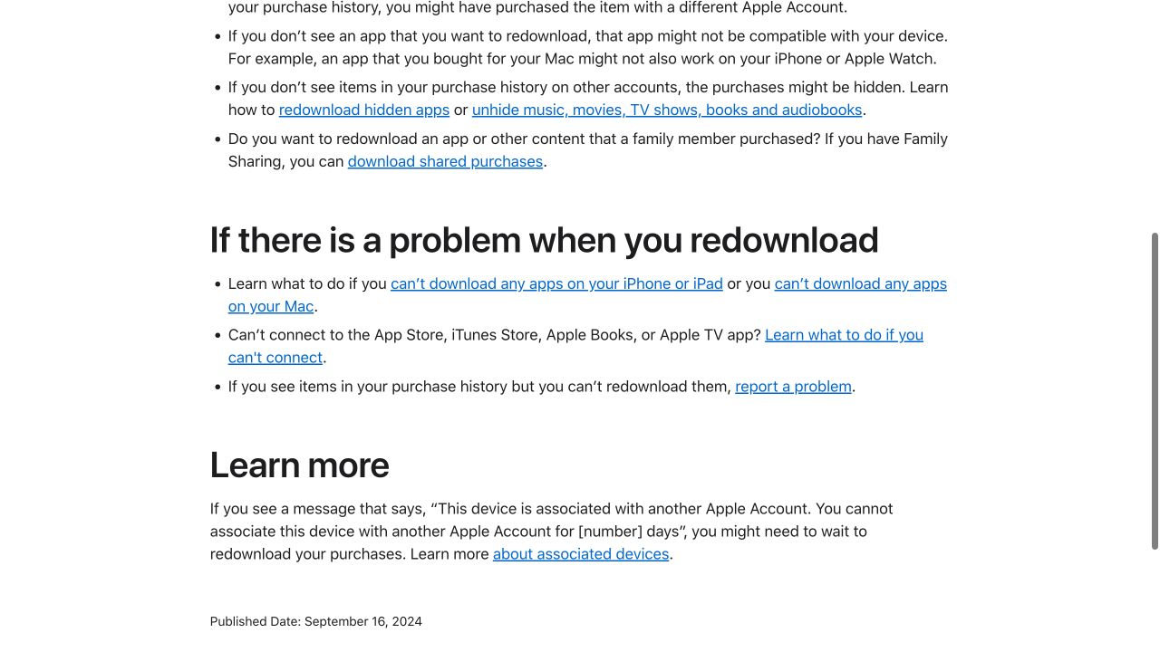 Apple 官方支持页中的重新下载故障处理入口
