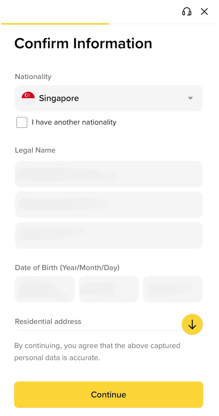 币安 App Confirm Information 页面中的国籍、姓名、出生日期和居住地址