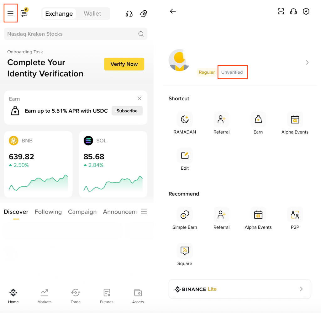 币安App首页Verify Now和账户中心Unverified身份认证入口