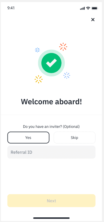 Binance App账户创建完成欢迎页面