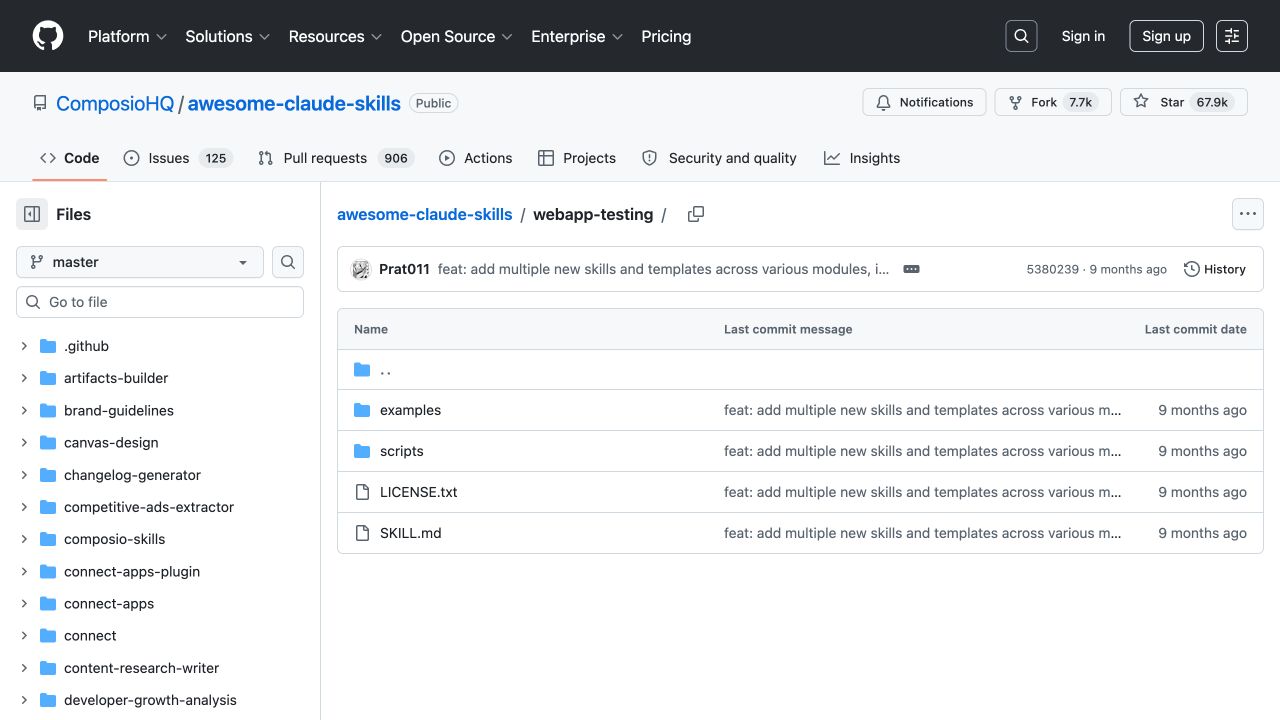 webapp-testing 目录包含 examples、scripts、许可证和 SKILL.md