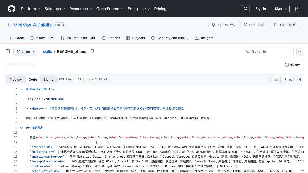 MiniMax Skills 中文 README 中的 Beta 说明和项目定位
