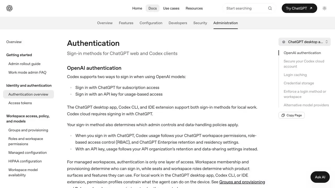 OpenAI 身份验证文档列出 ChatGPT 账号和 API Key 两种 Codex 登录方式