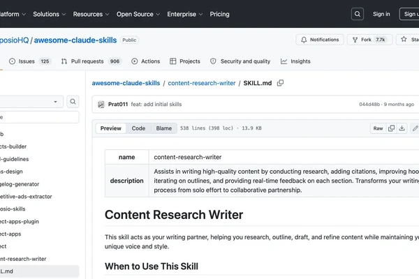 content-research-writer 的 SKILL.md 顶部显示名称、描述和使用条件