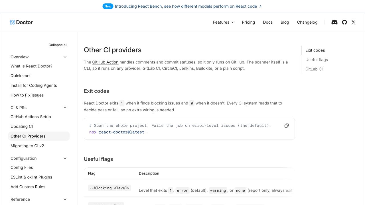 React Doctor 官方其他 CI 与退出码说明