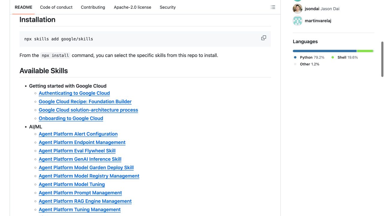 google skills 仓库中的安装命令和 Google Cloud 技能分类