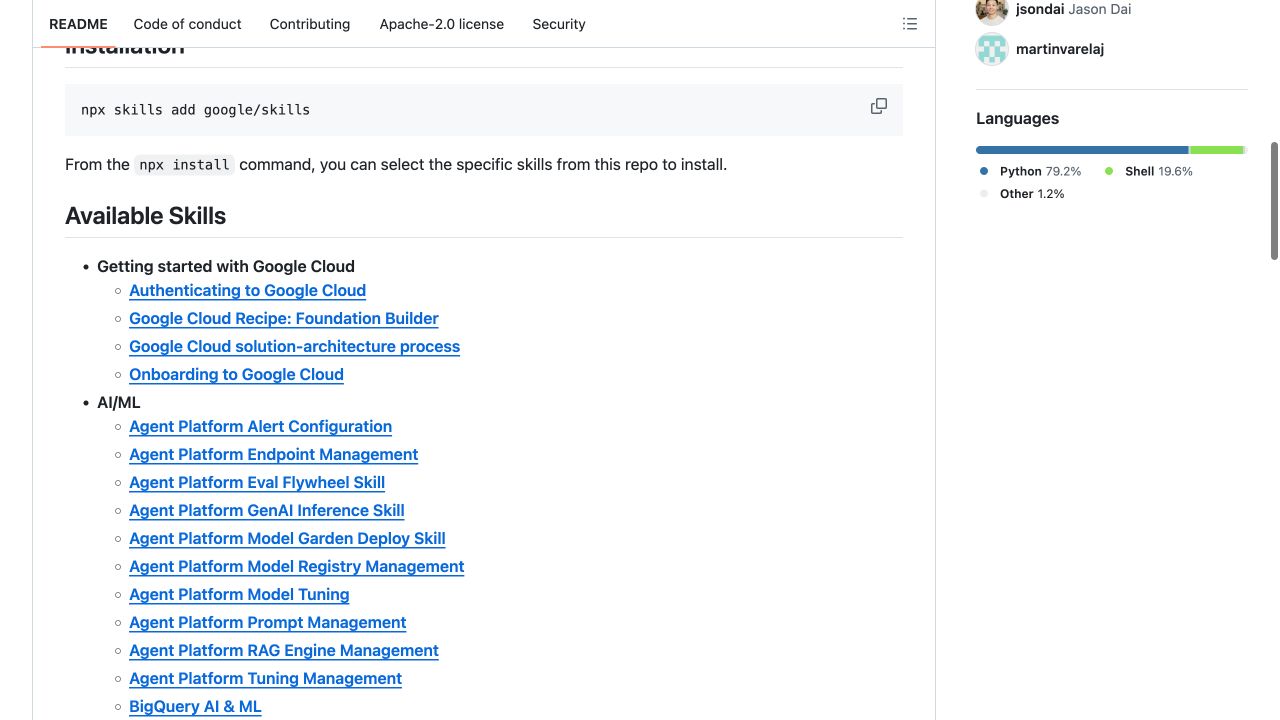 Google 官方 skills 仓库 README 的安装命令与部分可选 Skill 列表