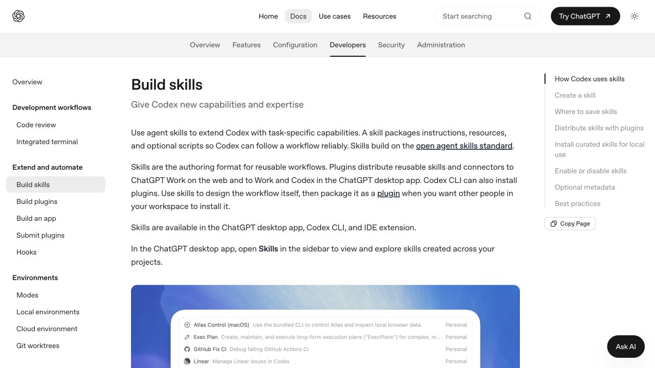 OpenAI 官方 Codex Build skills 文档首页,显示 Skill 的结构与使用说明