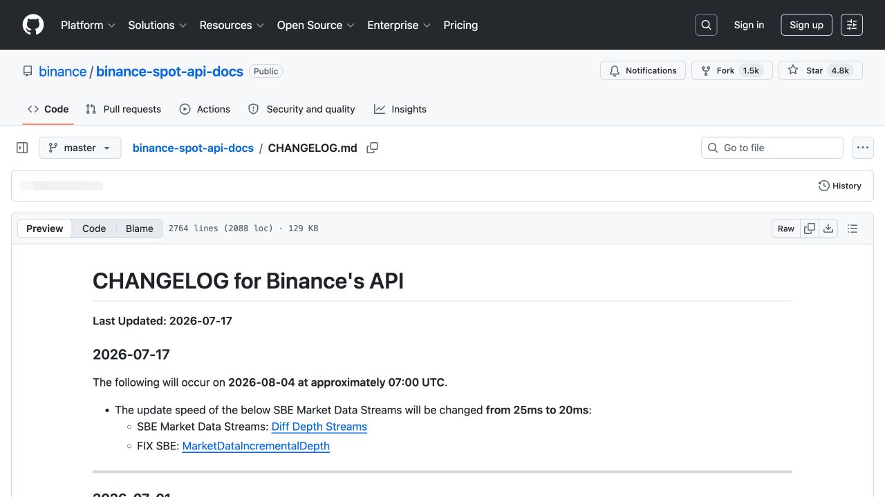 币安现货 API 官方 GitHub 更新日志