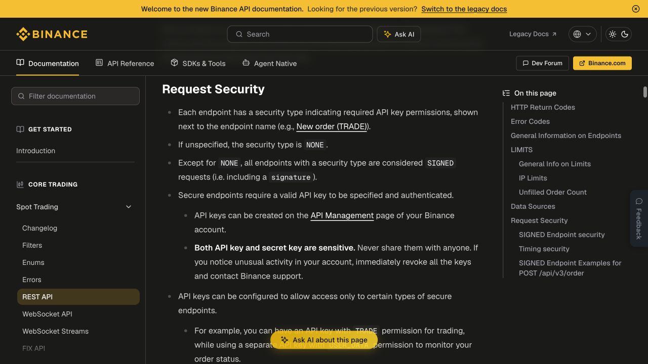 币安现货 REST API 权限类型与密钥安全说明