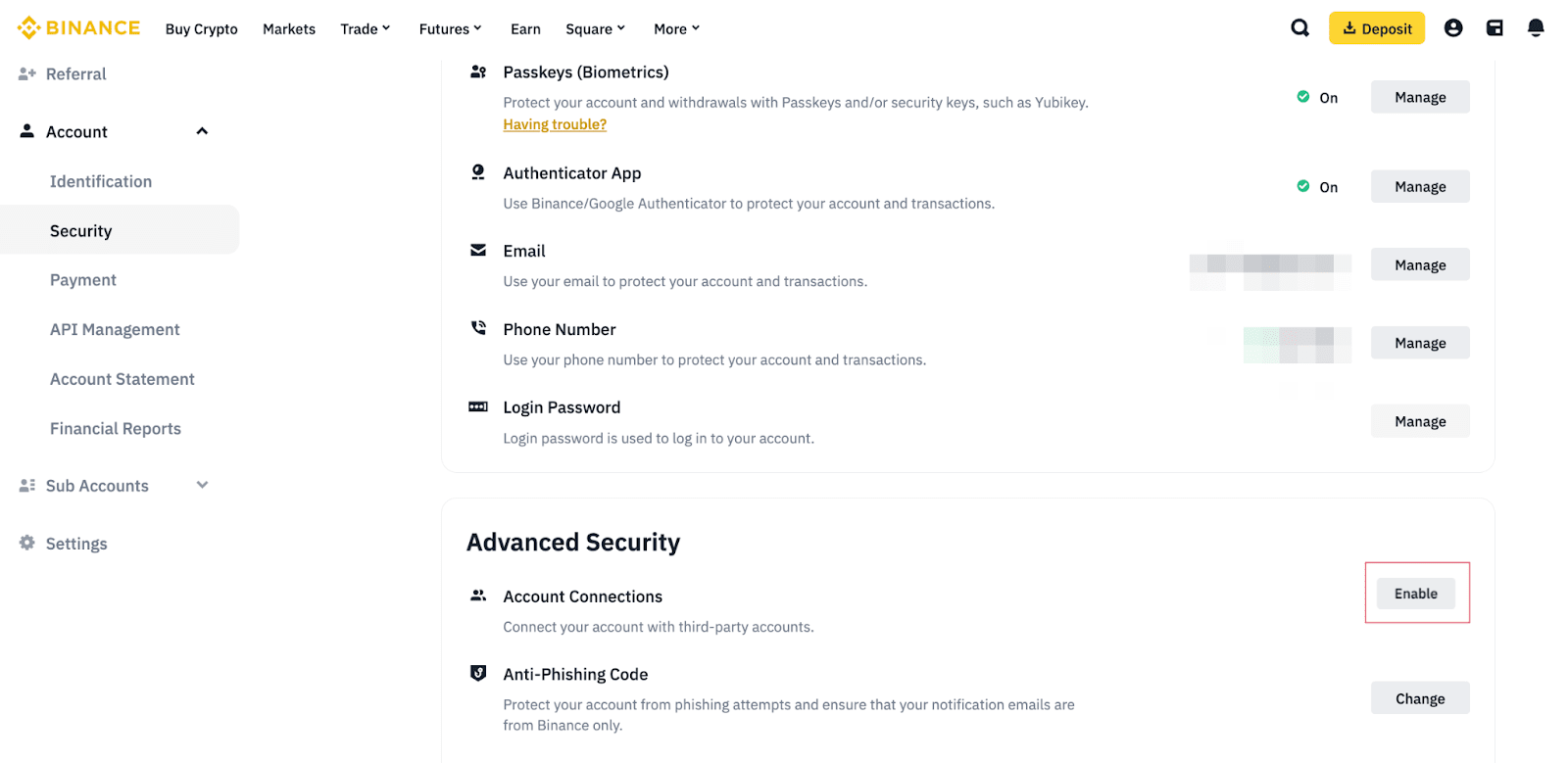 币安网页Security与Advanced Security区域