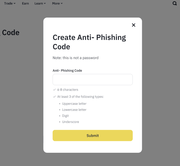 币安网页创建Anti-Phishing Code输入窗口