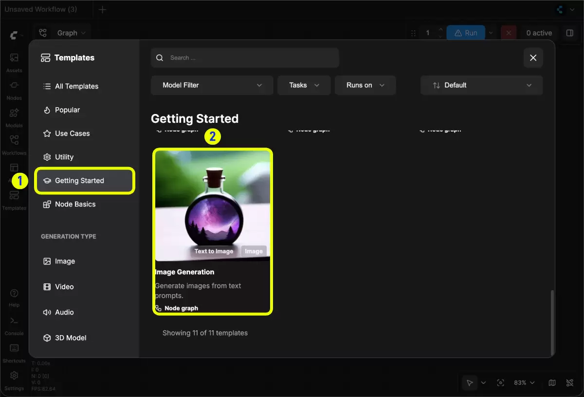ComfyUI Templates 面板中 Getting Started 分类与 Image Generation 模板卡片
