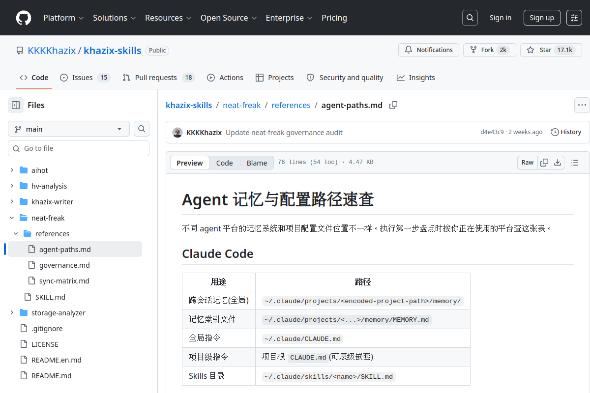 khazix-skills 中不同 Agent 的记忆与技能路径速查页