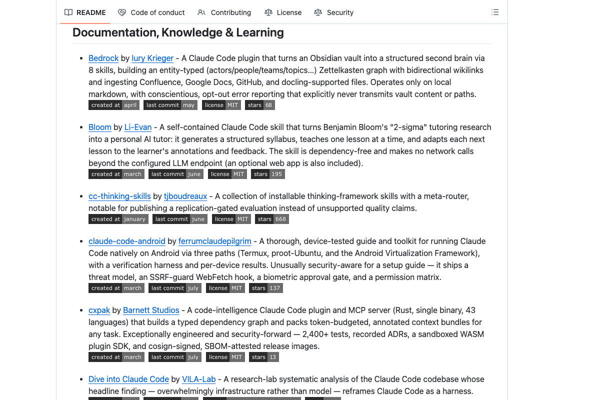 awesome-claude-code README Documentation Knowledge Learning 区块展示学习资料条目