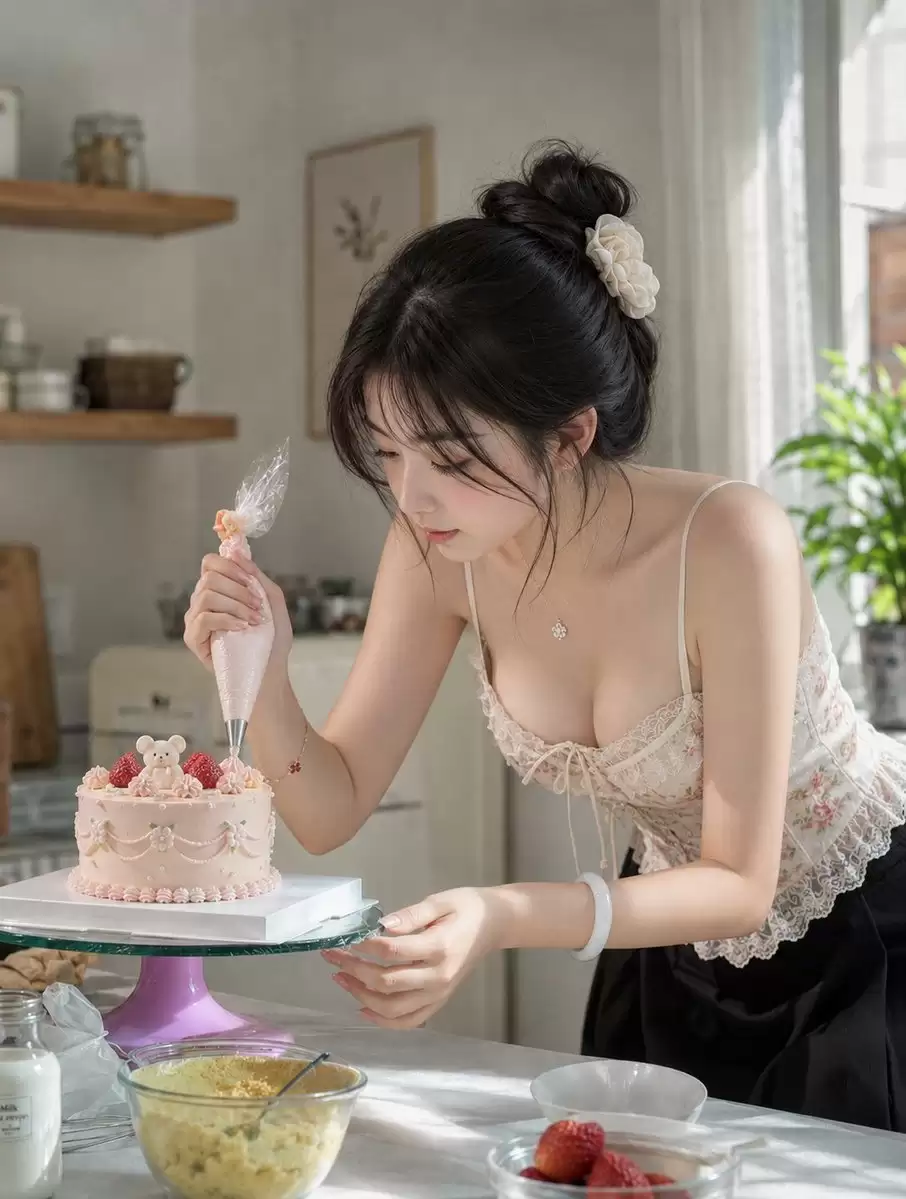 女性正在装饰小熊草莓蛋糕