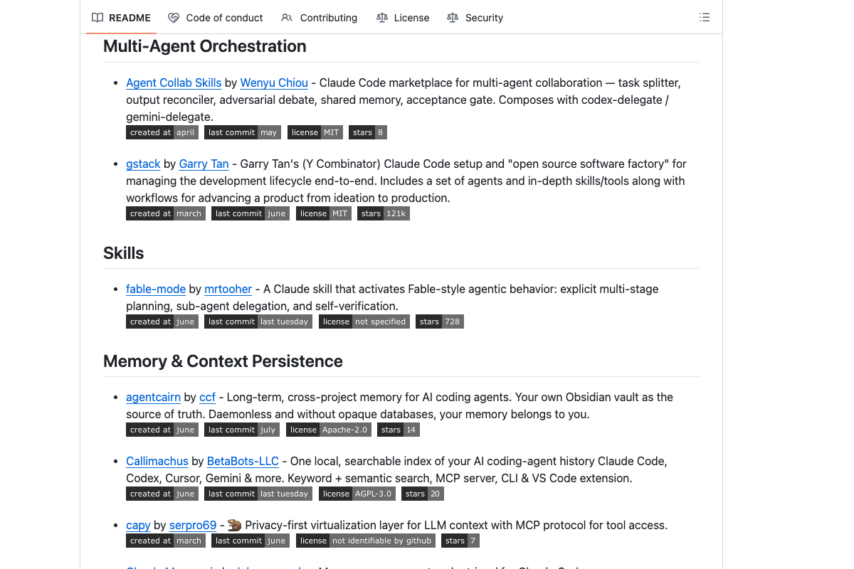 awesome-claude-code README Multi-Agent Orchestration 区块展示多 Agent 编排资源