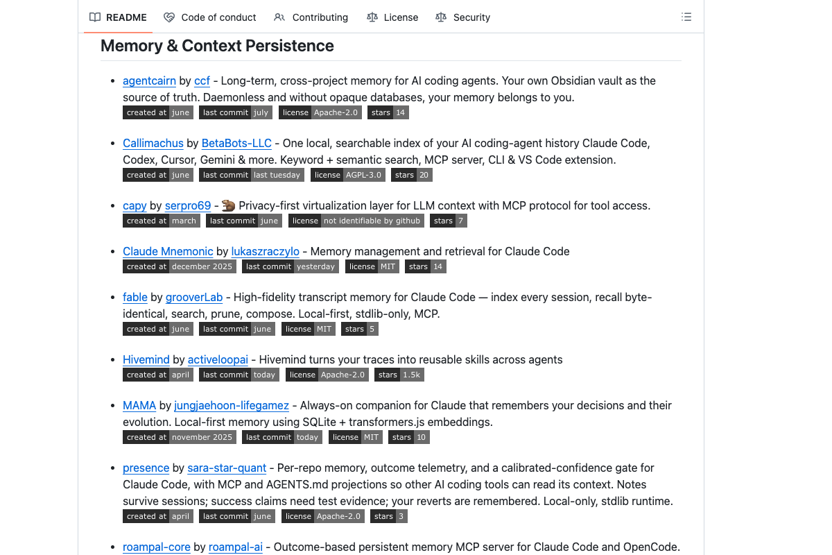 awesome-claude-code README Memory Context Persistence 区块展示记忆与上下文工具