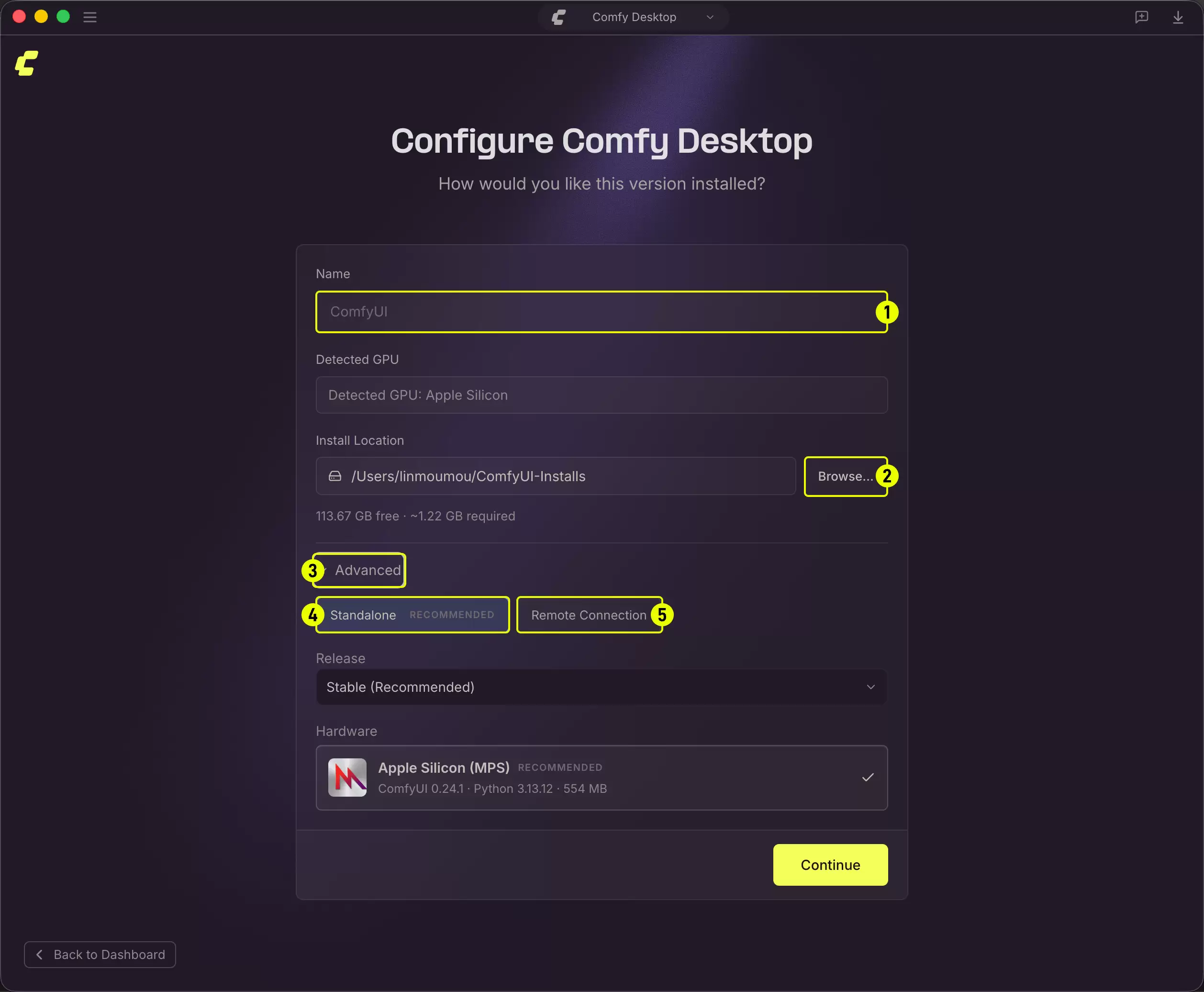 Comfy Desktop 在 macOS 上配置首个 ComfyUI 实例的页面，显示名称、安装位置、Standalone 和 Apple Silicon 选项