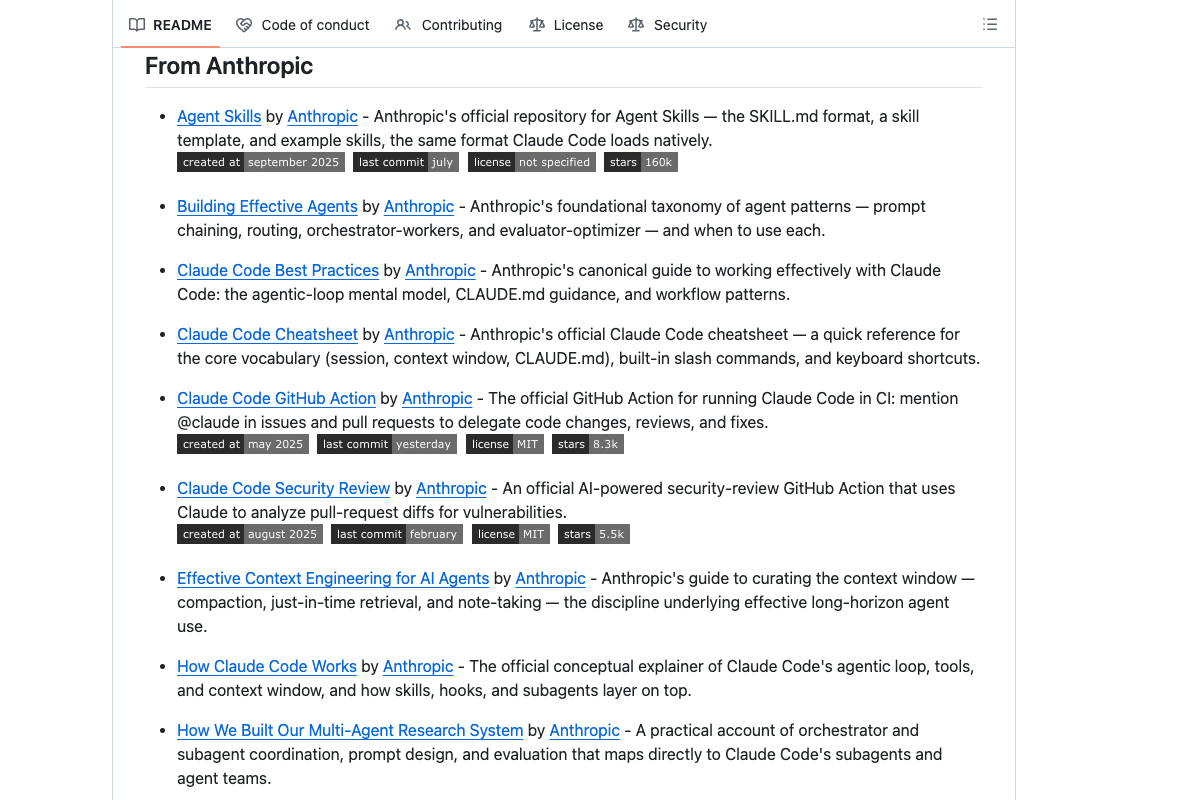awesome-claude-code 官方 GitHub README From Anthropic 区块截图展示官方 Skills 和插件目录