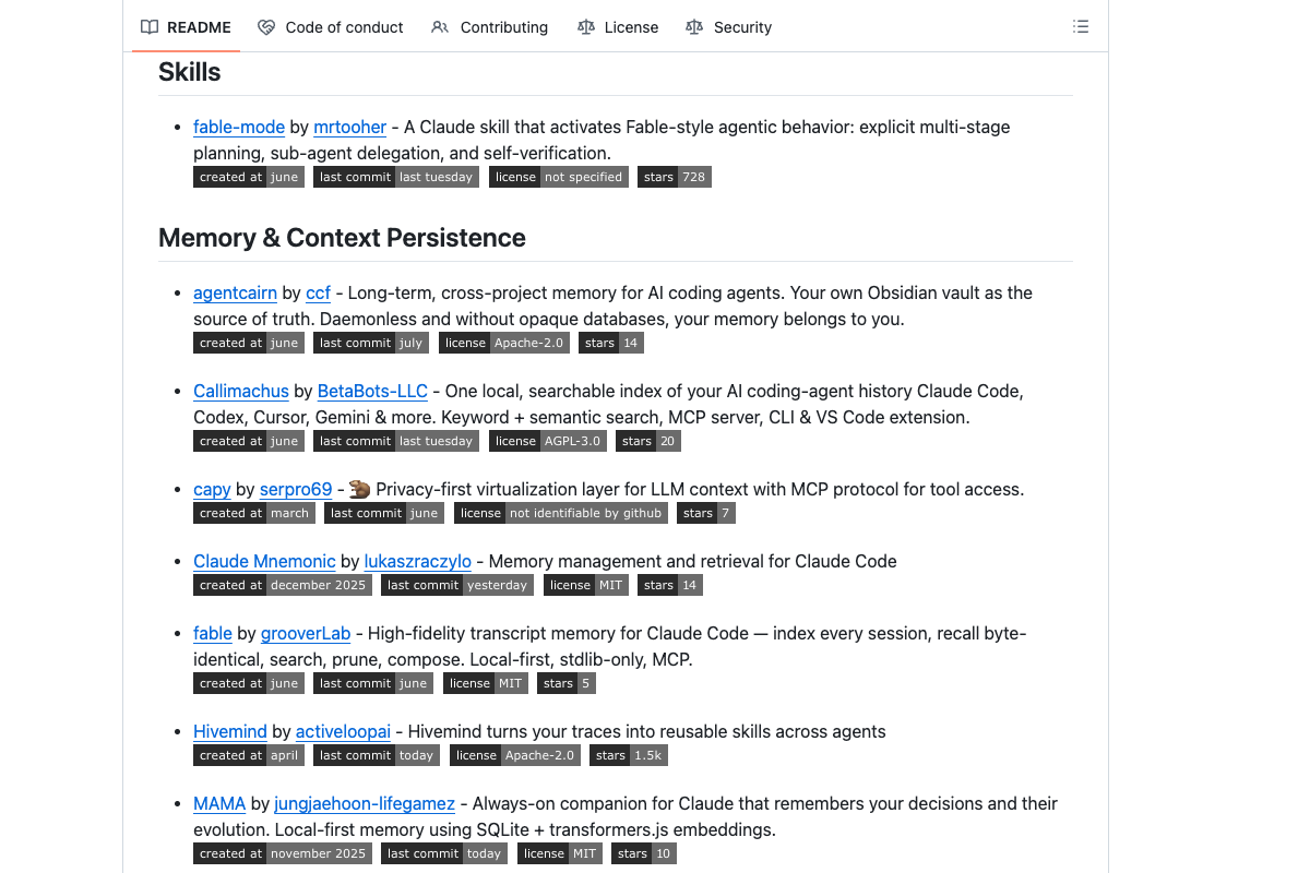 awesome-claude-code 官方 GitHub README Skills 区块截图展示技能和上下文相关条目