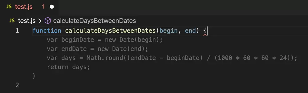 VS Code JavaScript 文件中显示 calculateDaysBetweenDates 函数的灰色 Copilot 内联建议
