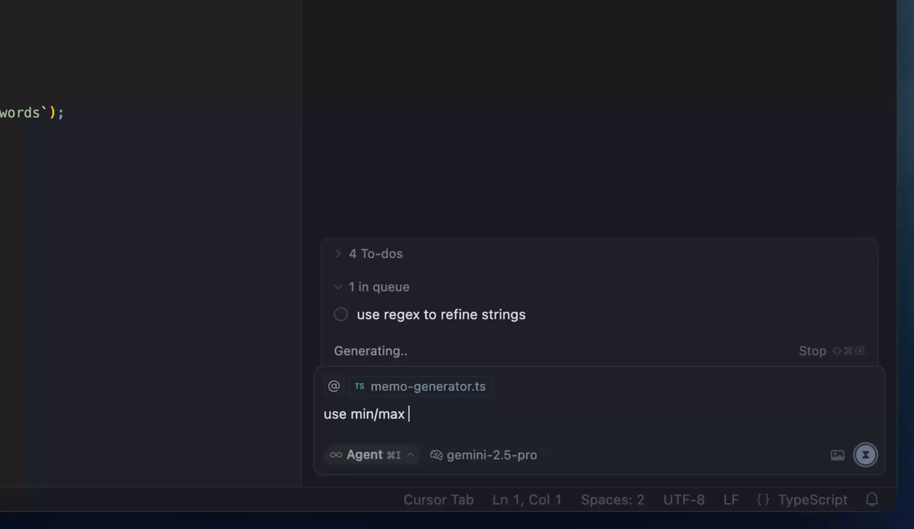 Cursor Agent 正在生成时,下方队列显示一条等待执行的后续指令