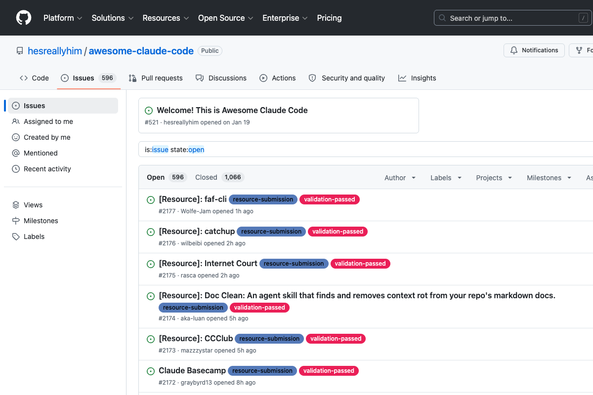 awesome-claude-code GitHub Issues 页面展示资源提交和维护讨论
