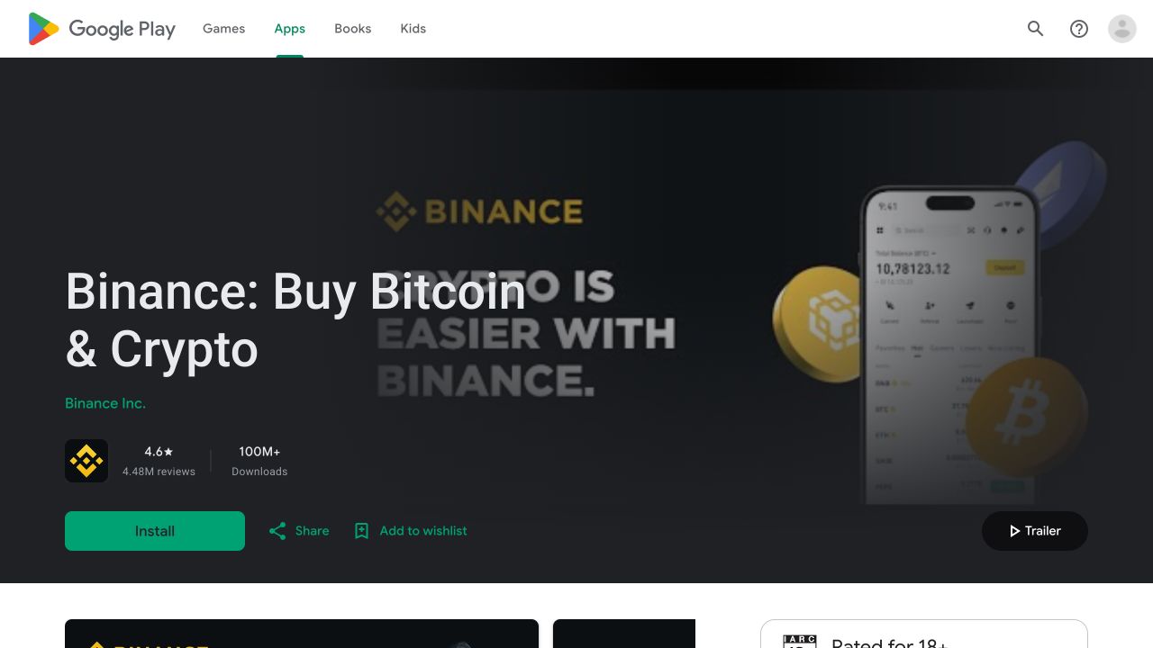 Google Play 中币安应用详情页,显示 Binance Inc.、评分、下载量和 Install 按钮
