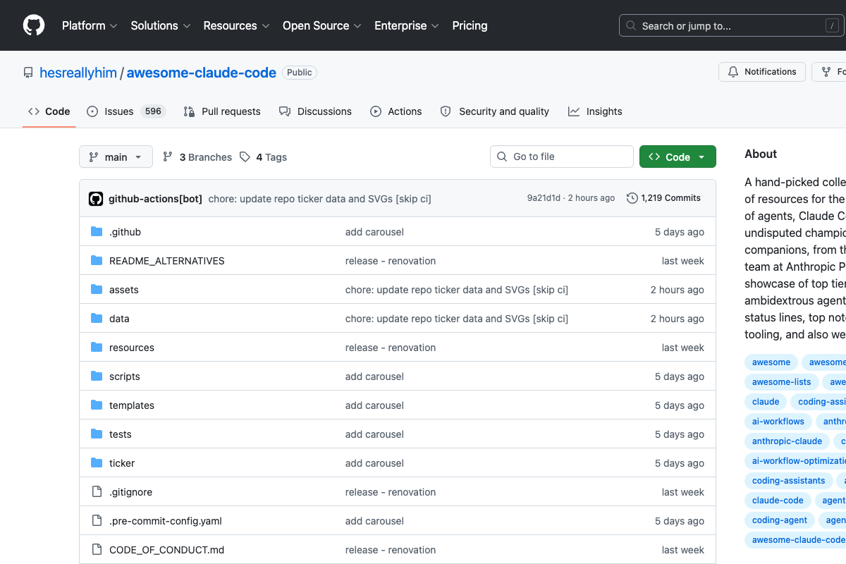 awesome-claude-code 官方 GitHub 截图展示项目目录和 About 说明