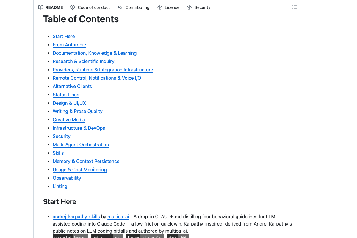 awesome-claude-code 官方 GitHub README 目录区截图展示 Skills 等分类入口