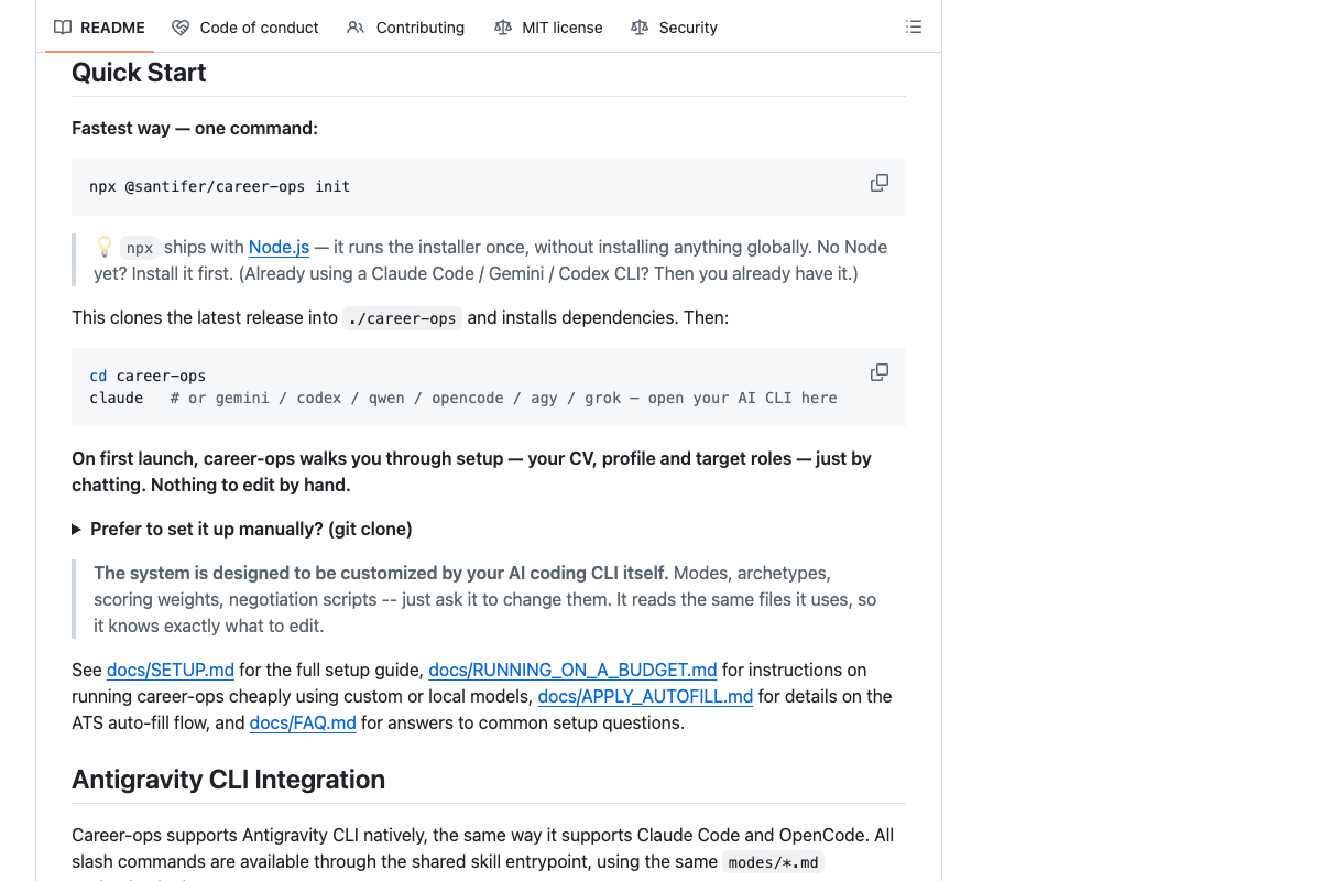 career-ops README Quick Start 显示 Claude Code 启动命令