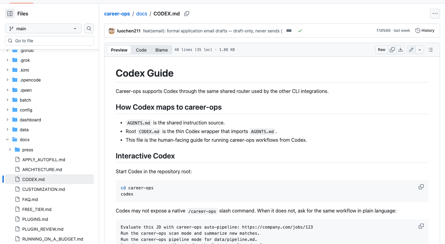 career-ops CODEX.md 页面,展示 Codex Guide、Interactive Codex 和 codex exec 示例