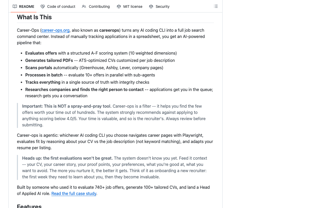 career-ops GitHub README 中说明 A-F 评分、定制 PDF 和职位扫描能力