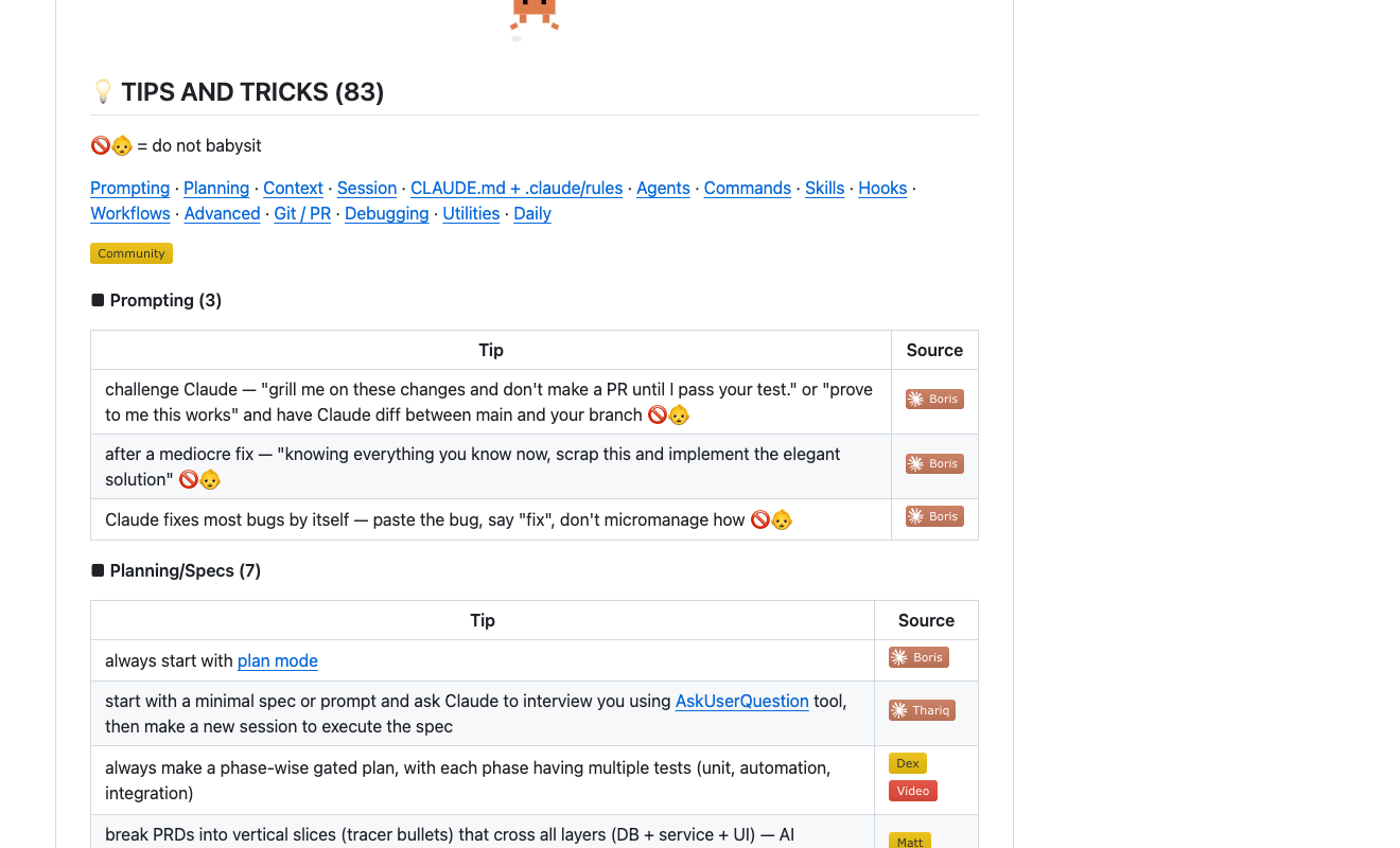 claude-code-best-practice README 中 Tips and Tricks 与 Planning 分类