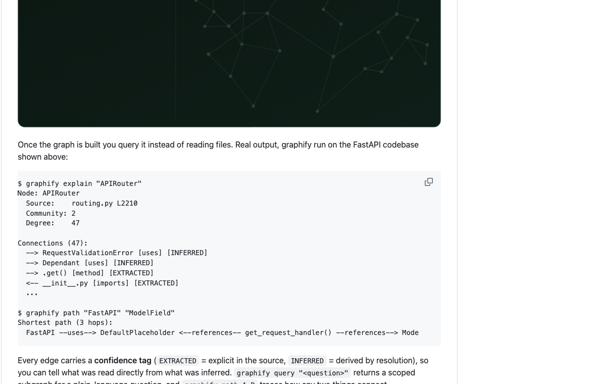 Graphify README 中 explain 和 path 查询示例，展示 APIRouter 连接关系、EXTRACTED 与 INFERRED 标签