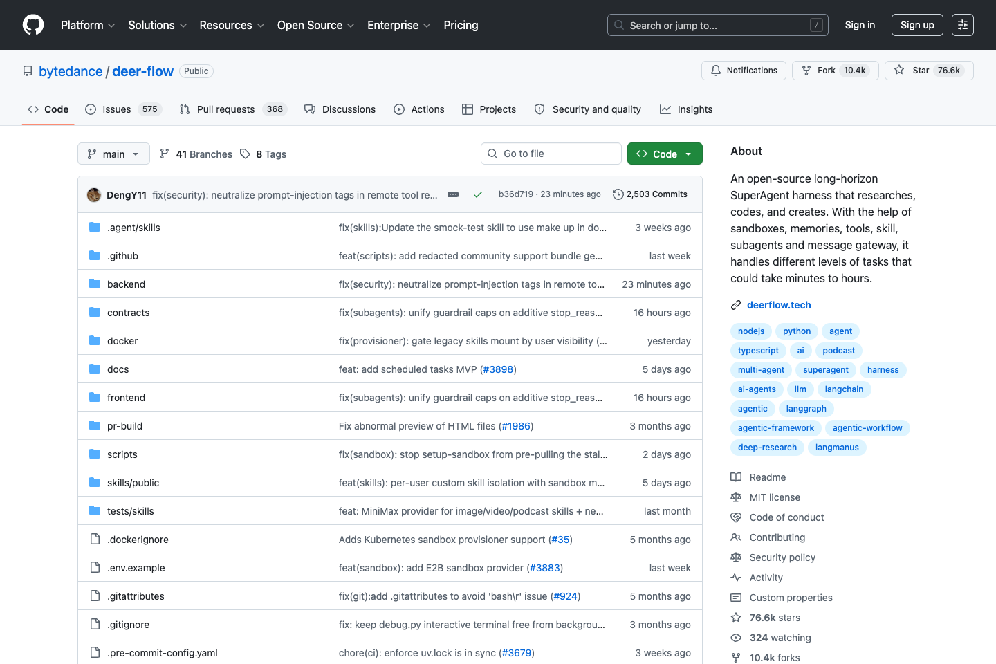 bytedance/deer-flow GitHub README 页面,展示 DeerFlow 2.0 项目说明和仓库信息