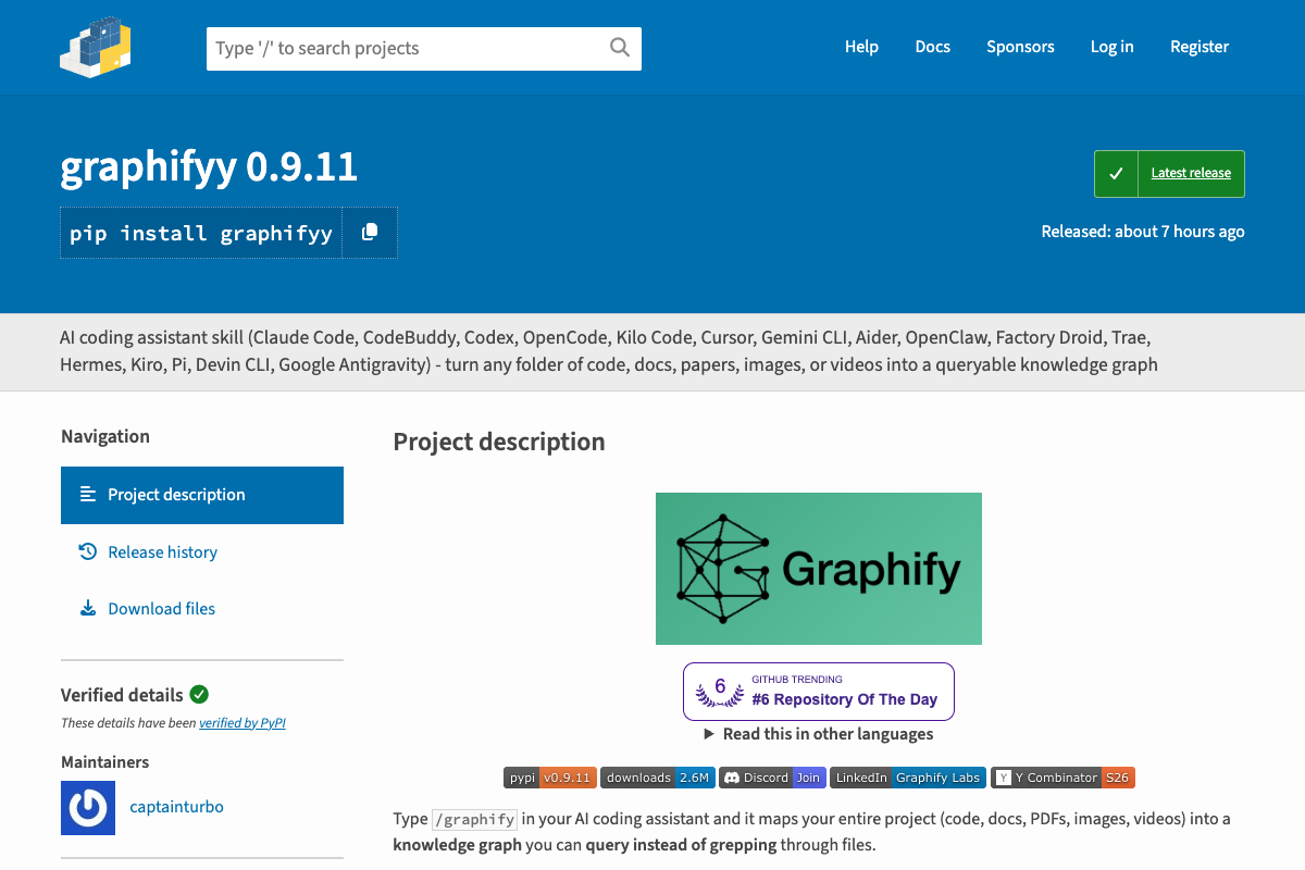 graphifyy PyPI 官方包和安装命令截图