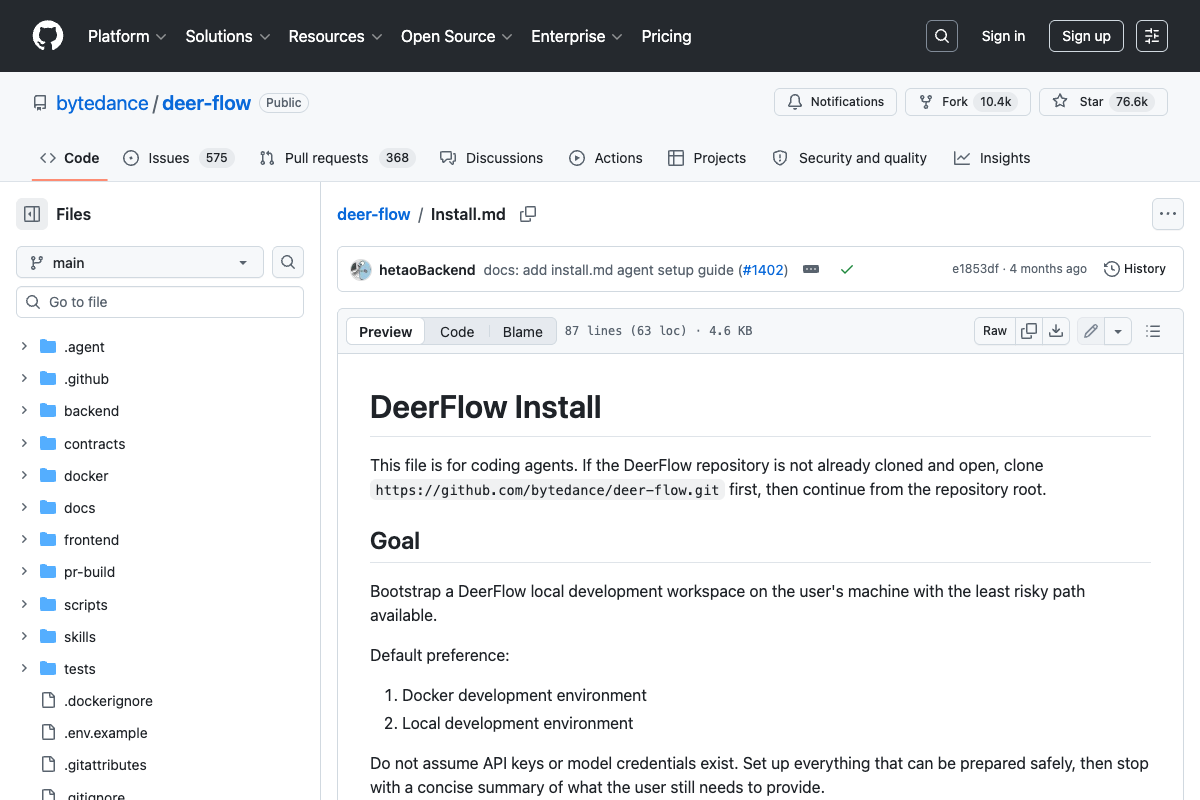 DeerFlow Install.md 官方安装说明页面截图
