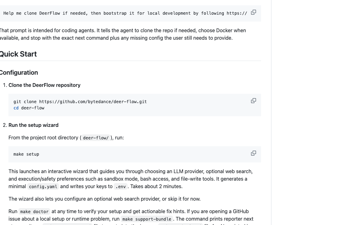 DeerFlow README 中 Quick Start 配置区域，展示 git clone、make setup 和 make doctor 检查提示