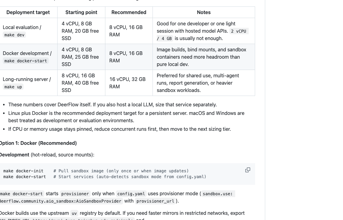 DeerFlow README 中 Docker 推荐部署区域，展示资源规格表和 make docker-init、make docker-start 命令