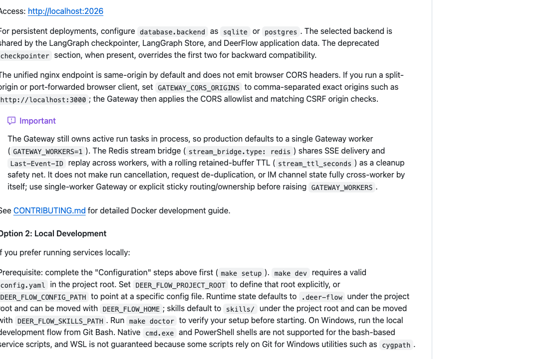 DeerFlow README 中 Local Development 区域，展示 make dev 前置条件、运行状态目录和 Windows 注意事项