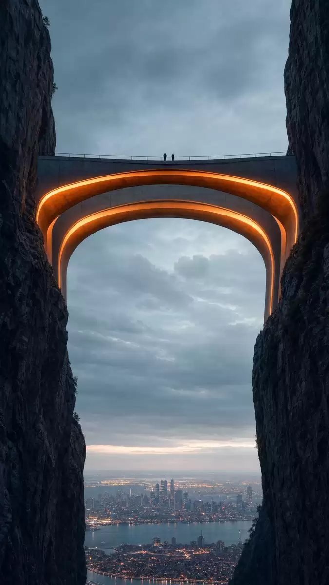 都市峡谷上的霓虹大桥